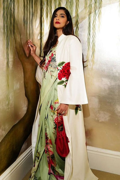 Mint green floral print saree set