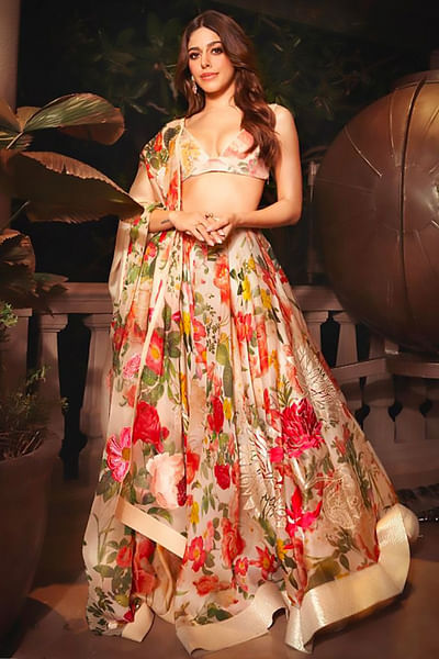 Ivory floral print lehenga set
