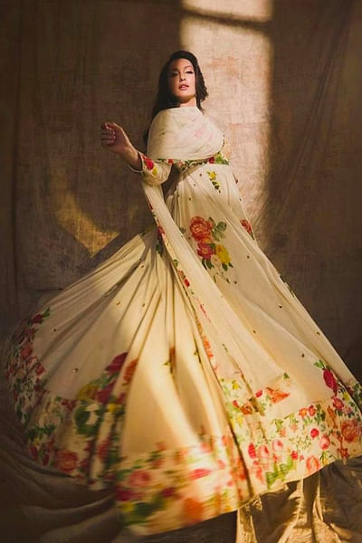 Ivory floral print anarkali set