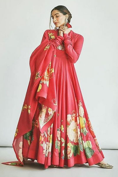 Red floral print anarkali set