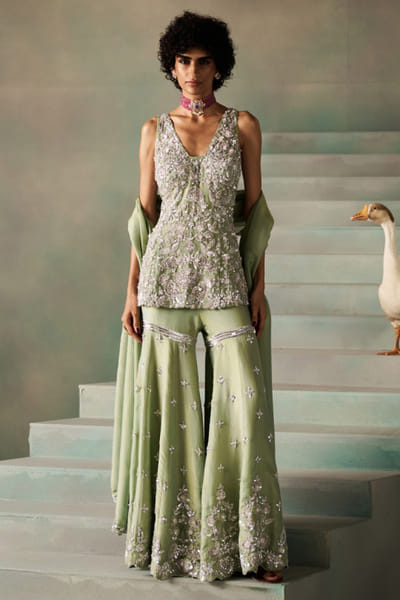 Rococo By Raghvi Mint green 3D embroidered sharara set ROCNOV25D137614