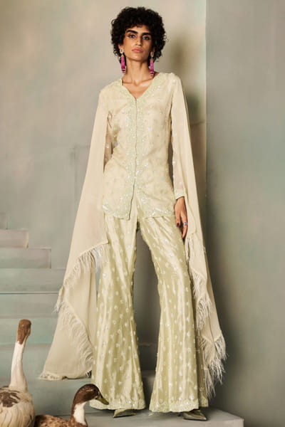Mint green sequin embroidered jacket set