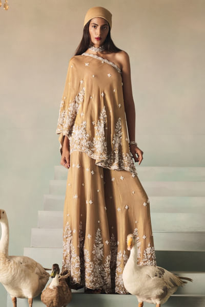 Gold sequin embroidered one-shoulder cape set