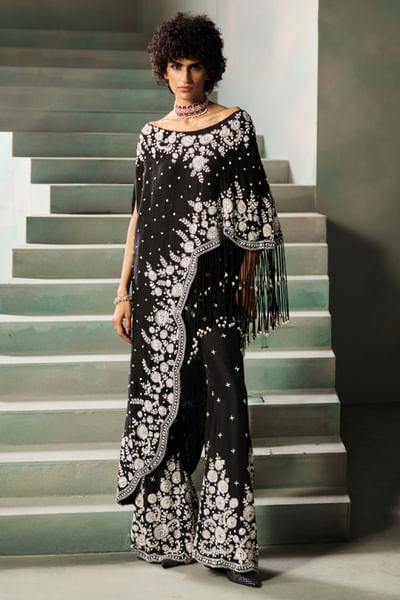 Black sequin-cutdana embroidered cape set