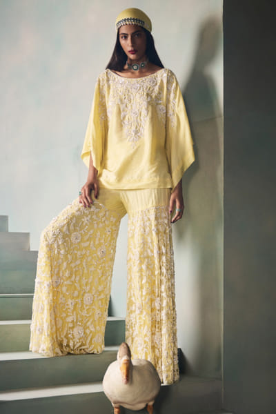 Rococo By Raghvi Ice yellow 3D floral embroidered gharara set ROCNOV25D137620