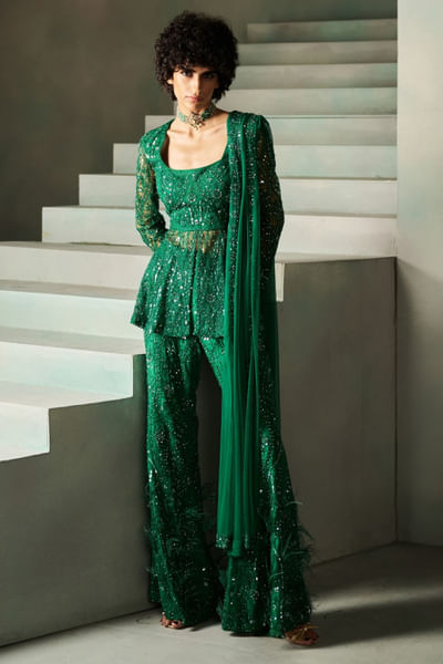 Emerald green embroidered peplum-pant set