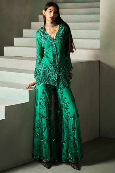 Rococo By Raghvi Emerald green sequin embroidered gharara set ROCNOV25D137624