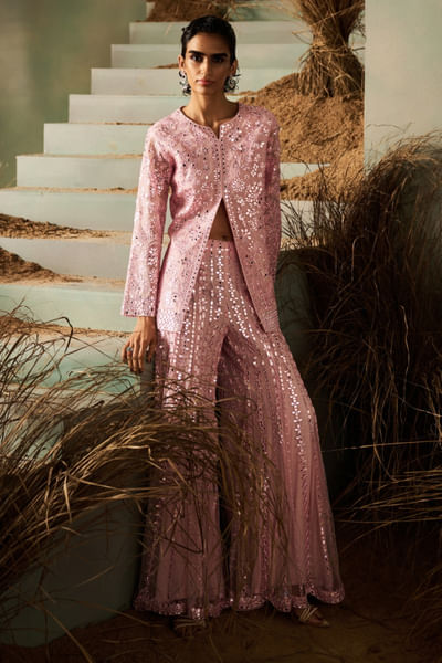 Pink mirror-thread embroidered jacket set