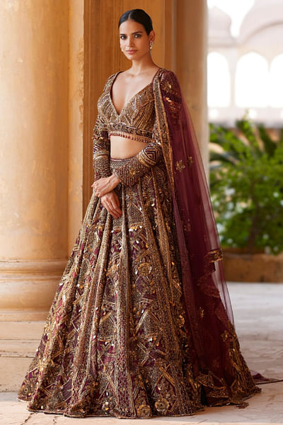 Maroon cutdana embroidered lehenga set