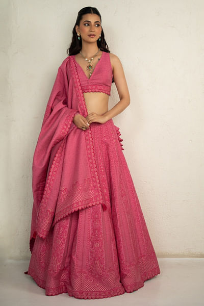 Fuchsia pink woven lehenga set