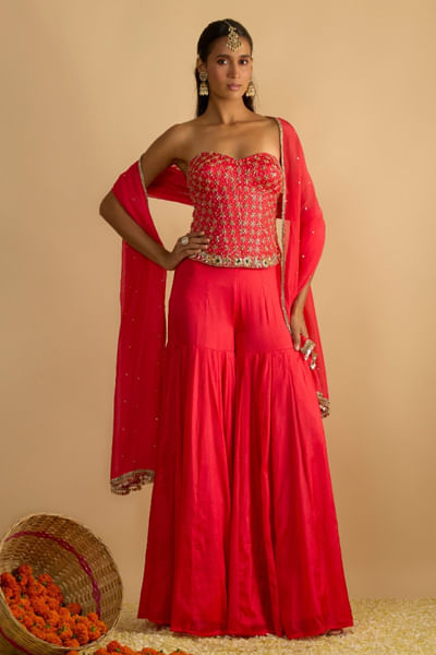 Crimson blush chiffon gharara set