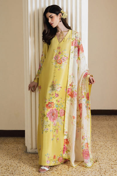 Apple green floral embroidered kurta set