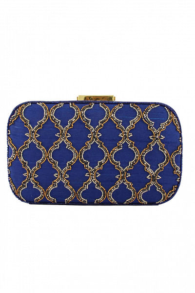 Blue raw silk clutch with beadwork and metal