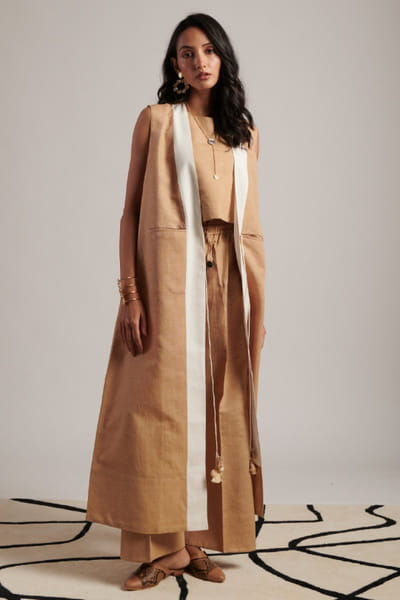 Moh India Beige linen tassel tie-up overlay set MOHIJUL26D148609