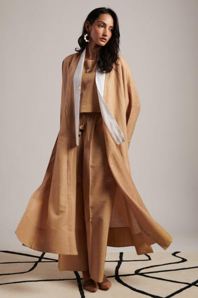 Moh India Beige linen long jacket set MOHIJUL26D148622