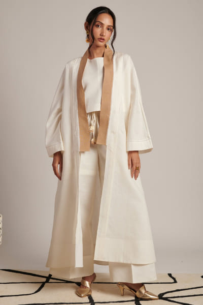 Moh India Ivory linen long jacket set MOHIJUL26D148621