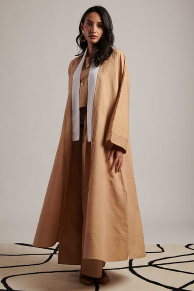 Moh India Beige-ivory colourblocked full sleeved overlay MOHIJUL26D148645