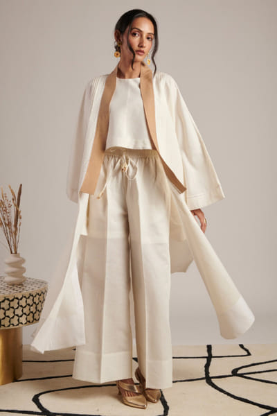 Moh India Ivory-beige colourblocked full sleeved overlay MOHIJUL26D148644