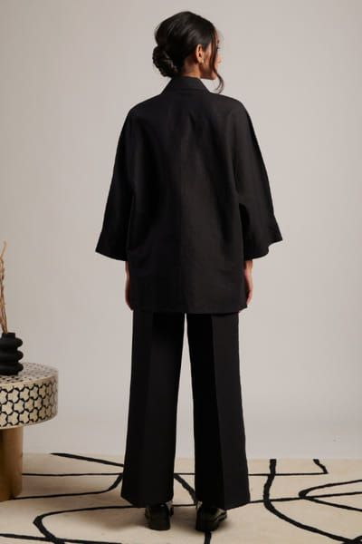Moh India Black linen contrast collar panel shirt MOHIJUL26D148631