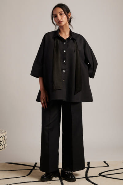Moh India Black linen tie-up shirt MOHIJUL26D148635