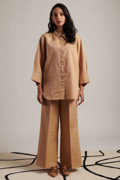 Moh India Beige linen tie-shirt and trouser set MOHIJUL26D148613