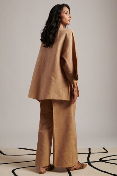 Moh India Beige linen tie-shirt and trouser set MOHIJUL26D148613