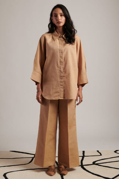 Moh India Beige linen contrast collar panel shirt MOHIJUL26D148633