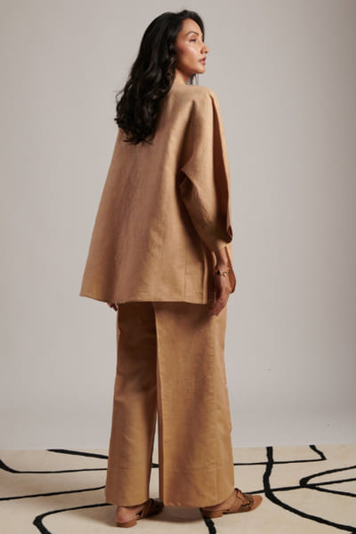 Moh India Beige linen contrast collar panel shirt MOHIJUL26D148633