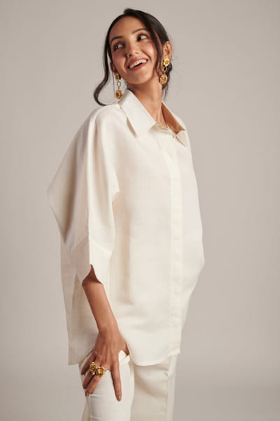 Moh India Ivory linen contrast collar panel shirt MOHIJUL26D148632