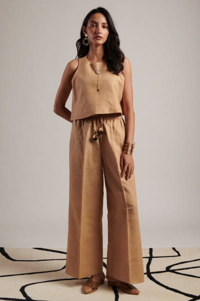 Moh India Beige linen straight trousers MOHIJUL26D148627