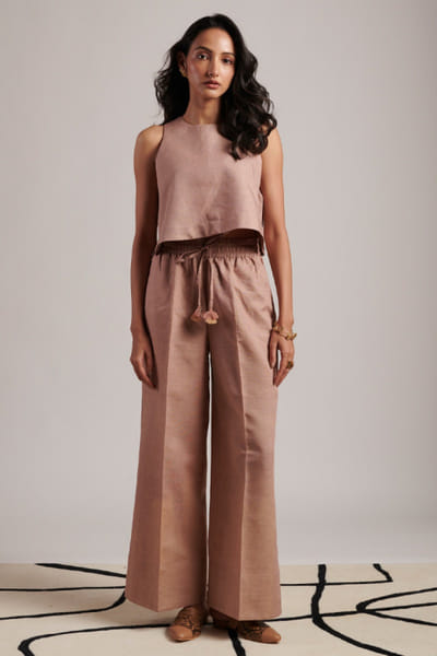 Moh India Rusty nude linen straight trousers MOHIJUL26D148630