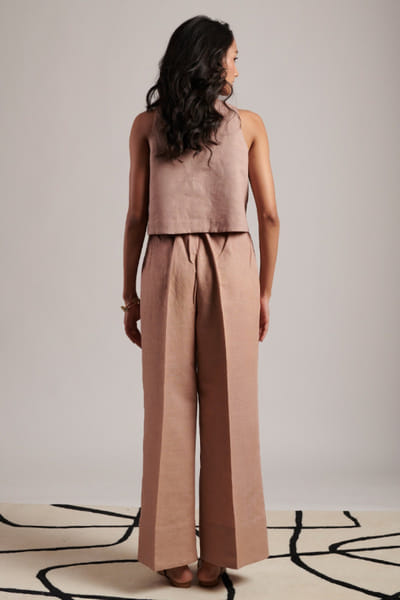 Moh India Rusty nude linen straight trousers MOHIJUL26D148630