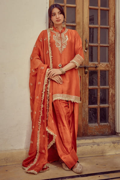 Label Revati Palshetkar Rust zari embroidered farshi salwar set LABEAUG26D153564