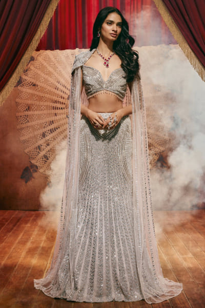 Silver sequin bead embellished lehenga set