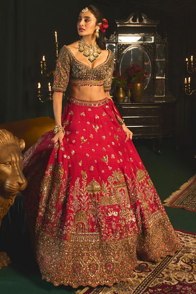 Red zari embroidered lehenga set