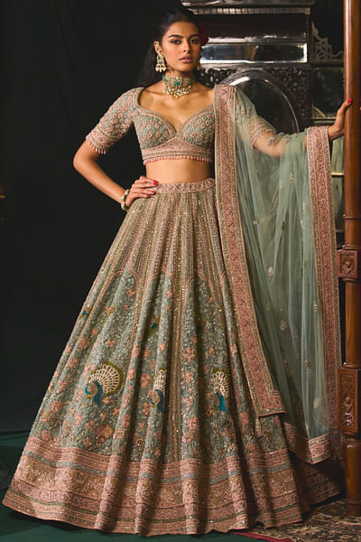 Green peacock sequin embroidered lehenga set