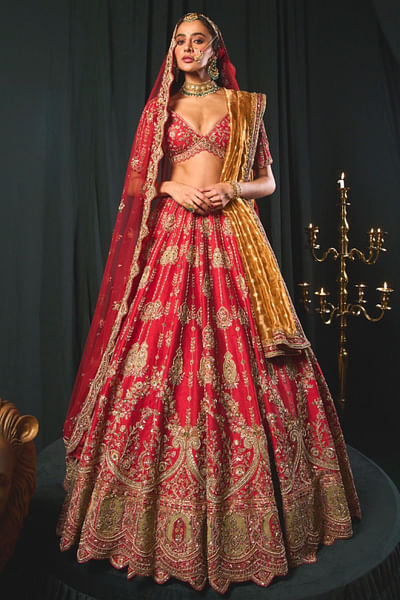 Red zari and dori embroidered lehenga set