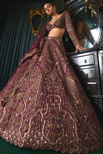 Wine zari and sequin embroidered lehenga set