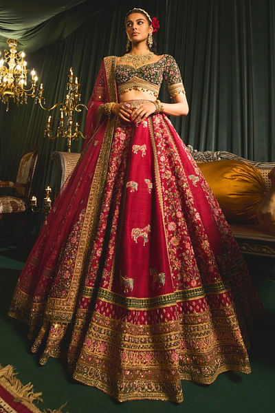 Red horse zari embroidered lehenga set