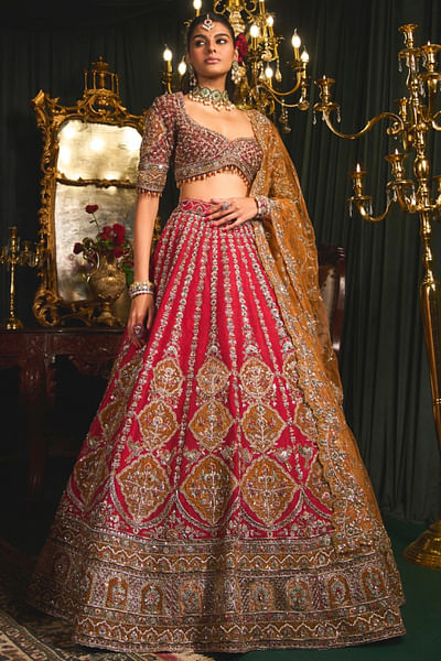 Red floral zari embroidered lehenga set