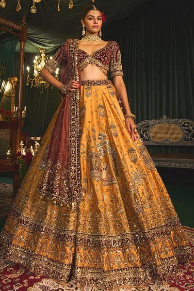 Mustard zardozi embroidered lehenga set