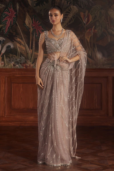 Dusty pink embroidered pre-draped sari set