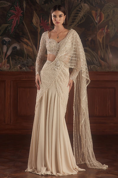 Ivory bead embroidered pre-draped sari set