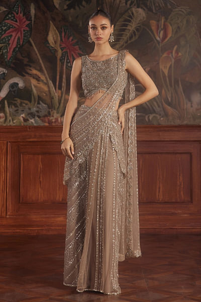 Beige sequin embroidered pre-draped sari set