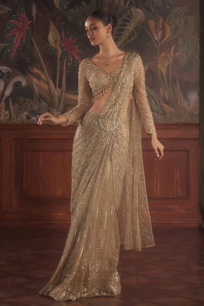 Gold crystal embroidered pre-draped sari set