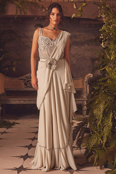 Ivory 3D floral appliqué draped gown sari