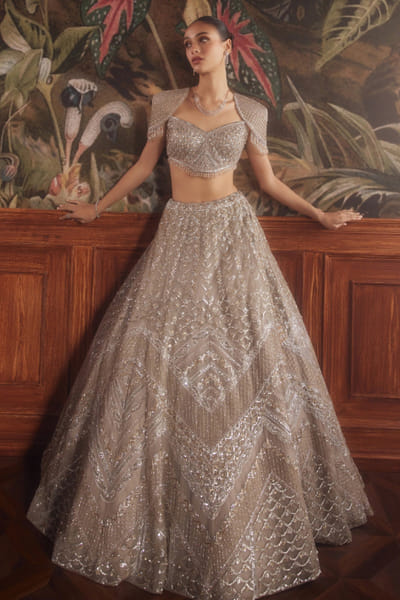 Roqa Taupe grey embroidered lehenga set ROQAPR25D124631