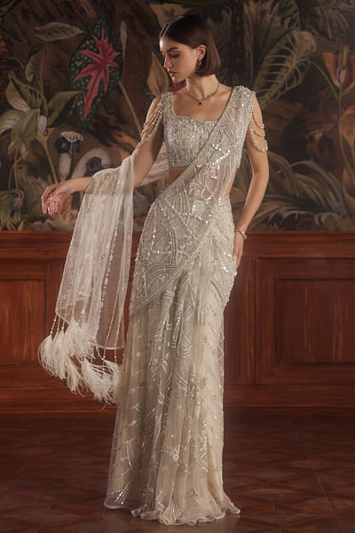 Ivory embroidered pre-draped sari set