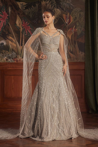 Taupe grey embroidered mermaid gown