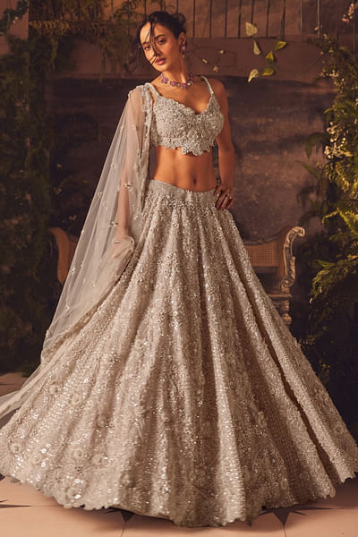 Ivory 3D floral embroidered lehenga set